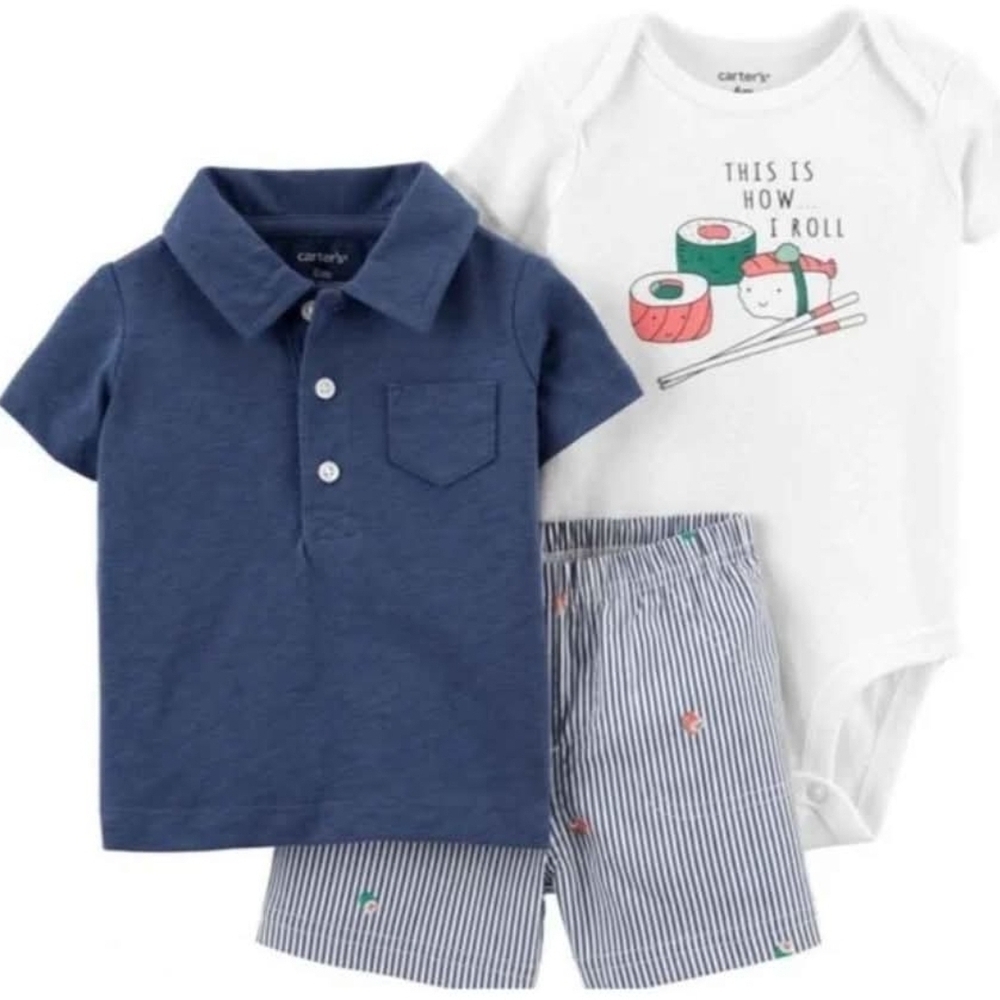 NWT Carter's Baby 3-Piece Set - Blue, White, Striped Sushi Roll ~Newborn